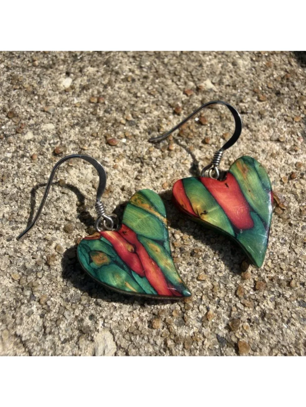 Colorful Dyed Burl Wood Heart Drop Earrings Handcrafted Bohemian Eco Friendly